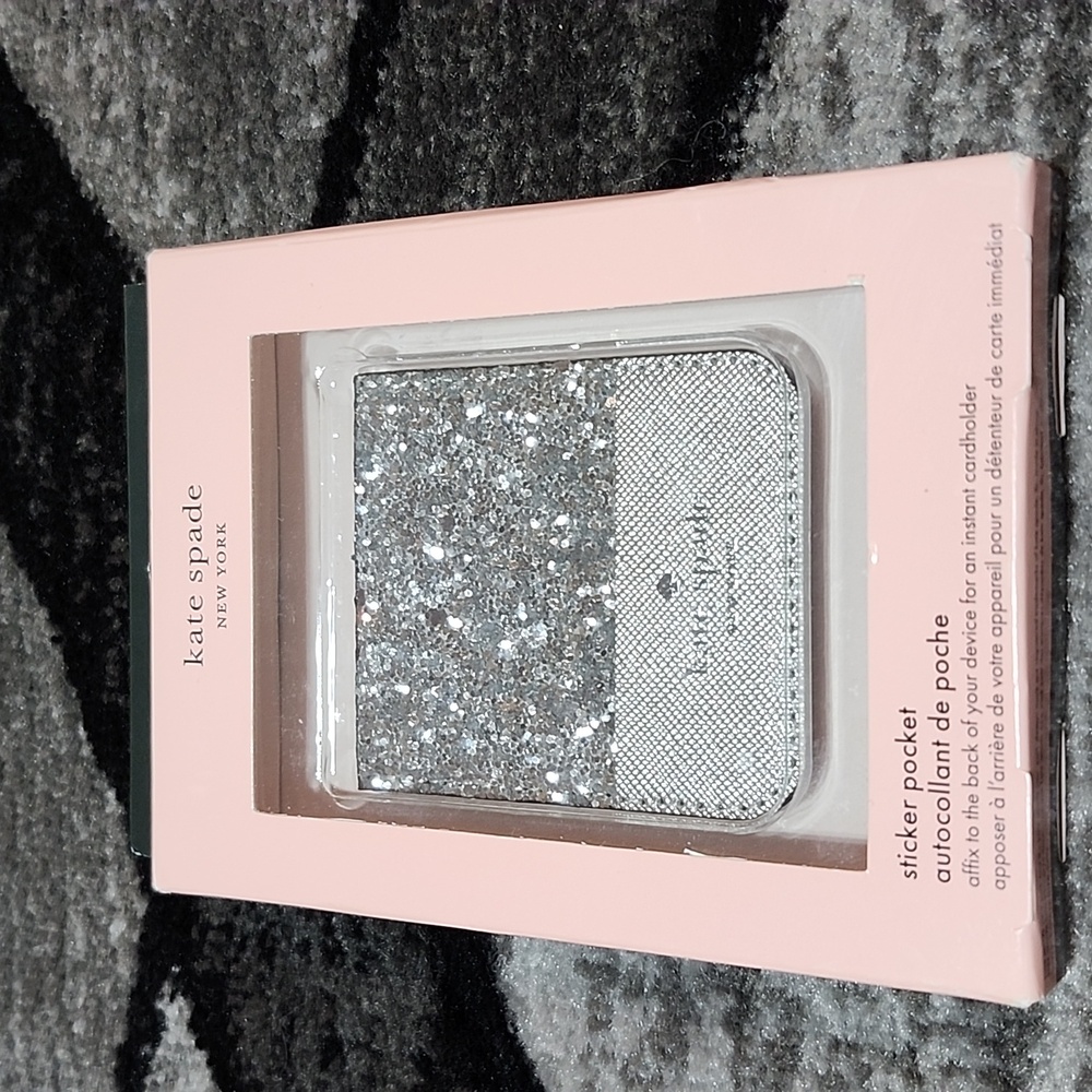 KATE SPADE NEW YORK SILVER GLITTER SHINE PHONE STICKER POCKET CARD HOLDER - Picture 7 of 9